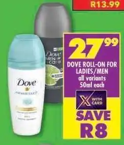 Shoprite Dove Roll-On for Ladies/Men offer