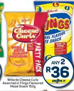 Pick n Pay Willards Cheese Curls Assorted or Flings Flavoured Maize Snack 150g offer