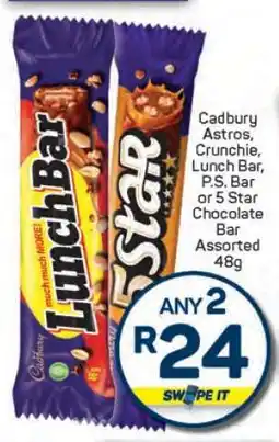 Pick n Pay Cadbury Astros, Crunchie, Lunch Bar, P.S. Bar or 5 Star Chocolate Bar Assorted 48g offer