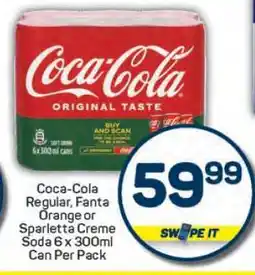 Pick n Pay Coca-Cola Regular, Fanta Orange or Sparletta Creme Soda 6 x 300ml Can Per Pack offer