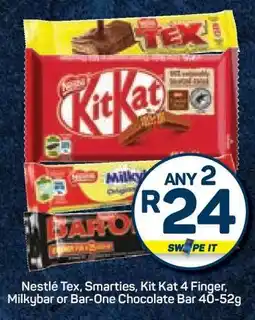 Pick n Pay Nestlé Tex, Smarties, Kit Kat 4 Finger, Milkybar or Bar-One Chocolate Bar 40-52g offer