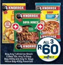 Pick n Pay Knorrox Stock Cubes 12s, Soup Bag 400g, Soya Mince Bag 400g Assorted offer