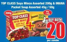 Boxer TOP CLASS Soya Mince Assorted 200g & IMANA Packet Soup Assorted 45g / 50g offer