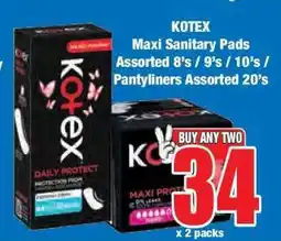 Boxer KOTEX Maxi Sanitary Pads Assorted 8's / 9's / 10's / Pantyliners Assorted 20's offer