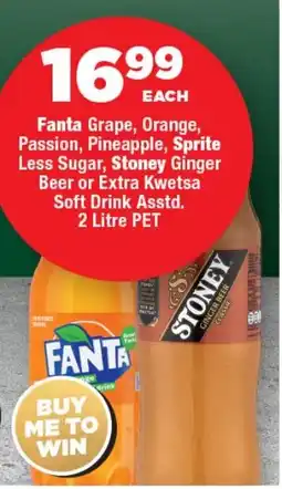 OK Foods Fanta Grape, Orange, Passion, Pineapple, Sprite Less Sugar, Stoney Ginger Beer or Extra Kwetsa Soft Drink Asstd. offer