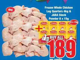 Boxer Frozen Whole Chicken Leg Quarters 4kg & JABA Stock Powder 8 x 15g offer