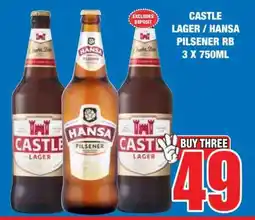 Boxer CASTLE LAGER / HANSA PILSENER RB 3 X 750ML offer