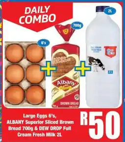 Boxer Large Eggs 6's, ALBANY Superior Sliced Brown Bread 700g & DEW DROP Full Cream Fresh Milk 2L offer