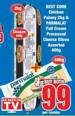 Boxer BEST COOK Chicken Polony 2kg & PARMALAT Full Cream Processed Cheese Slices Assorted 400g offer