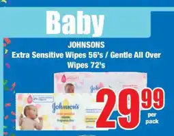Boxer JOHNSONS Extra Sensitive Wipes 56's / Gentle All Over Wipes 72's offer