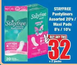 Boxer STAYFREE Pantyliners Assorted 20's / Maxi Pads 8's / 10's offer