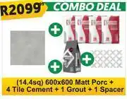 K Carrim Matt Porc Tiles (14.4Sq) 600 x 600 + 4 Tile Cement + 1 Grout + 1 Spacer-Per Combo Deal offer