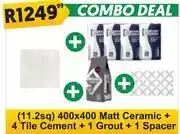 K Carrim Matt Ceramic Tiles (11.2sq) 400 x 400 + 4 Tile Cement + 1 Grout + 1 Spacer-Per Combo Deal offer
