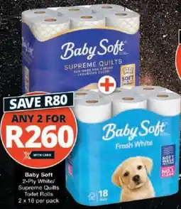 Checkers Baby Soft 2-Ply White/ Supreme Quilts Toilet Rolls offer
