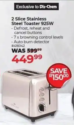 Dis-Chem Stellar 2 Slice Stainless Steel Toaster 925W offer