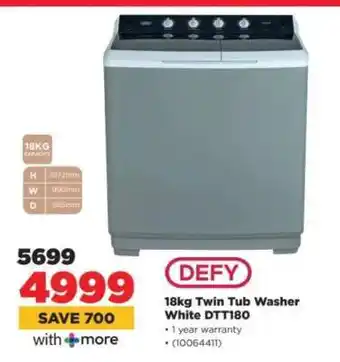 HiFi Corp DEFY 18kg Twin Tub Washer White DTT180 offer