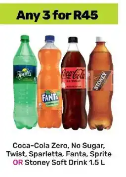 Game Coca-Cola Zero, No Sugar, Twist, Sparletta, Fanta, Sprite OR Stoney Soft Drink 1.5 L offer