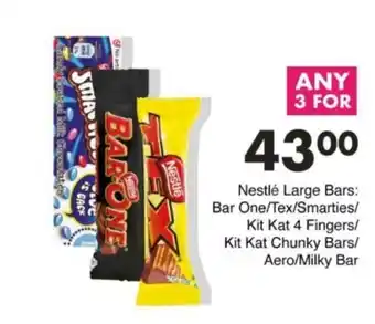 Save Hyper Nestlé Large Bars Bar One/ Tex/ Smarties/ Kit Kat 4 Fingers/ Kit Kat Chunky Bars/ Aero/ Milky Bar offer