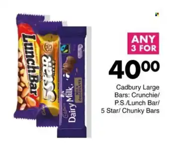 Save Hyper Cadbury Large Bars Crunchie/ P.S./ Lunch Bar/ 5 Star/ Chunky Bars offer