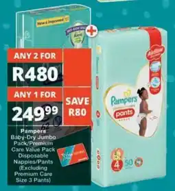 Checkers Pampers Baby-Dry Jumbo Pack/ Premium Care Value Pack Disposable Nappies/ Pants offer