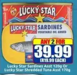 Three Star Cash and Carry Lucky Star Sardines Asst Or Lucky Star Shredded Tuna Asst offer