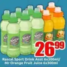 Three Star Cash and Carry Rascal Sport Drink Asst/ Mr Orange Fruit Juice offer