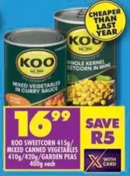 Shoprite Koo sweetcorn/ mixed canned vegetables/ garden peas offer