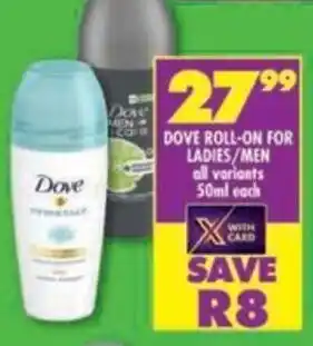 Shoprite Dove roll-on for ladies/men offer