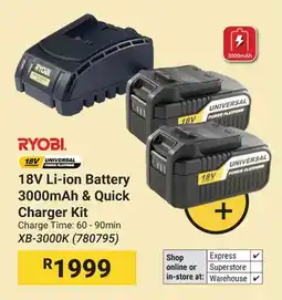 Builders Warehouse RYOBI 18V Li-ion Battery 3000mAh & Quick Charger Kit offer