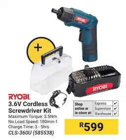 Builders Warehouse RYOBI 3.6V Cordless Screwdriver Kit offer