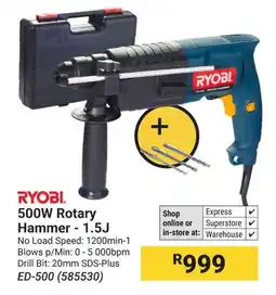 Builders Warehouse RYOBI 500W Rotary Hammer - 1.5J offer