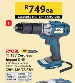 Builders Warehouse RYOBI 18V Cordless Impact Drill offer