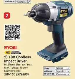 Builders Warehouse RYOBI 18V Cordless Impact Driver offer