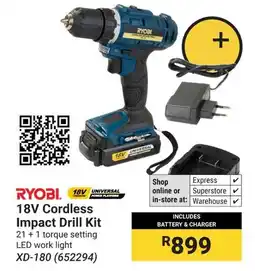 Builders Warehouse RYOBI 18V Cordless Impact Drill Kit offer