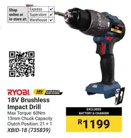 Builders Warehouse RYOBI 18V Brushless Impact Drill offer