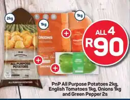Pick n Pay PnP All Purpose Potatoes 2kg, English Tomatoes 1kg, Onions 1kg and Green Pepper 2s offer