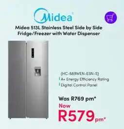 Teljoy Midea Stainless Steel Side by Side Fridge/ Freezer with Water Dispenser offer