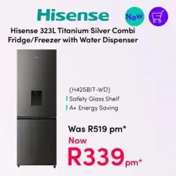 Teljoy Hisense Titanium Silver Combi Fridge/ Freezer with Water Dispenser offer