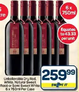 Pick n Pay Hypermarket Unbelievable Dry Red, White, Natural Sweet Rosé or Semi Sweet White offer