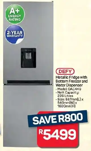 Pick n Pay Hypermarket DEFY Metallic Fridge with Bottom Freezer and Water Dispenser offer