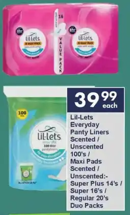President Hyper Lil-Lets Everyday Panty Liners Scented/ Unscented/ Maxi Pads Scented/ Unscented Super Plus/ Super/ Regular Duo Packs offer