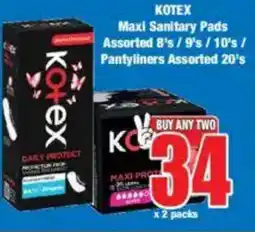 Boxer KOTEX Maxi Sanitary Pads Assorted/ Pantyliners Assorted offer