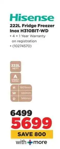 HiFi Corp Hisense 222L Fridge Freezer Inox H310BIT-WD offer