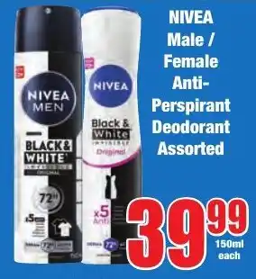 Boxer Superstores NIVEA Male/ Female Anti-Perspirant Deodorant Assorted offer