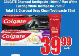 Boxer Superstores COLGATE Charcoal Toothpaste/ Max White Lasting White Toothpaste/ Total 12 Charcoal Deep Clean Toothpaste offer