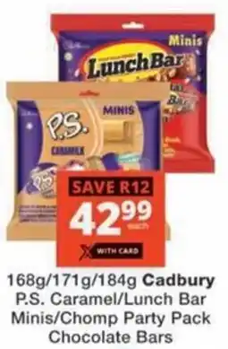 Checkers Hyper Cadbury P.S. Caramel/ Lunch Bar Minis/Chomp Party Pack Chocolate Bars offer