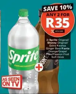 Checkers Hyper Sprite Original/ Stoney Original/ Extra Kwetsa Ginger Beer/ Fanta Orange/ Grape/ Pine/ Passion Fruit offer