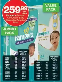 Checkers Hyper Pampers Premuim Care/ Active Baby Disposable Nappies/ Pants offer