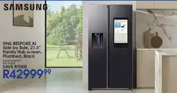 Hirsch's SAMSUNG BESPOKE AI Side by Side, 21.5" Family Hub screen, Plumbed, Black offer