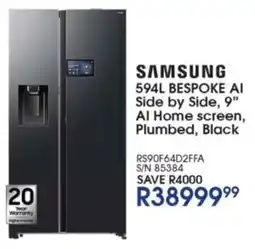 Hirsch's SAMSUNG BESPOKE AI Side by Side, 9" AI Home screen, Plumbed, Black offer
